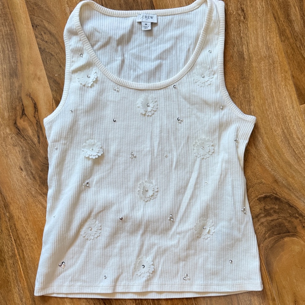 J. Crew White Floral Detail Tank Top